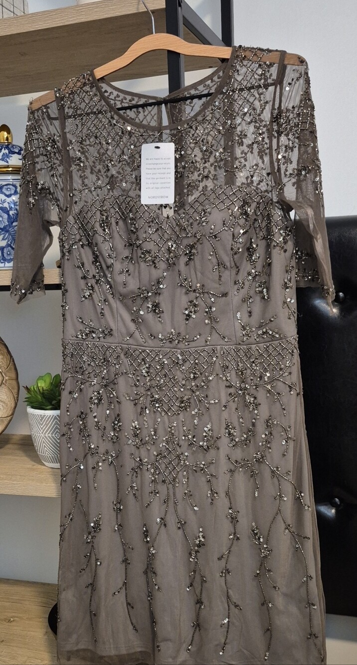 Adrianna Papell Beaded Taupe Midi Dress